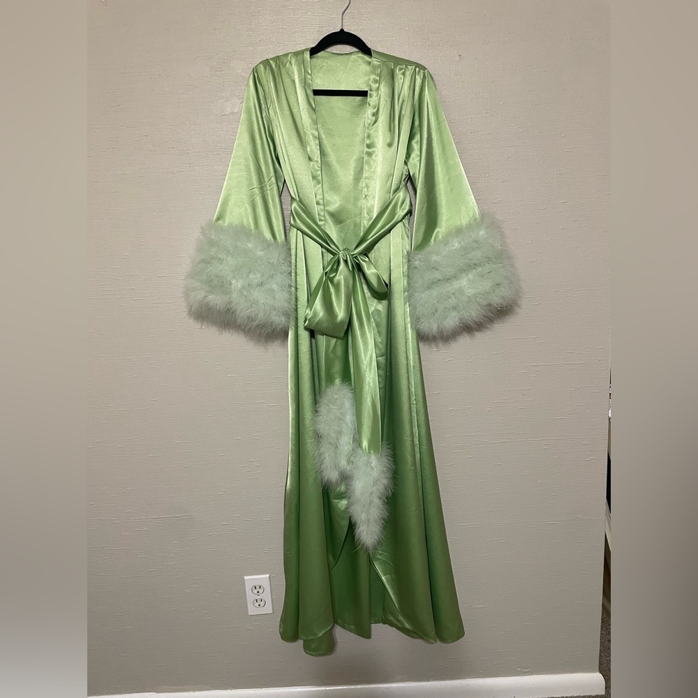 Satin Long Robe with Feather Trim - Light Green
